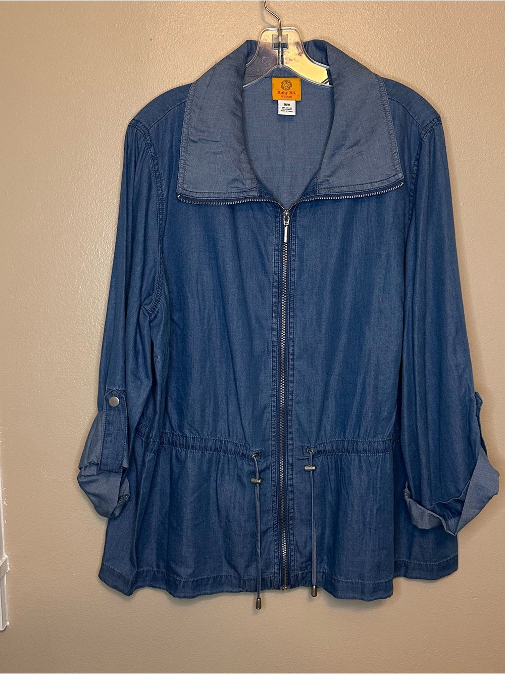 Ruby Rd. Indigo Blue Zip-Front Drawstring Lightweight Jean Jacket